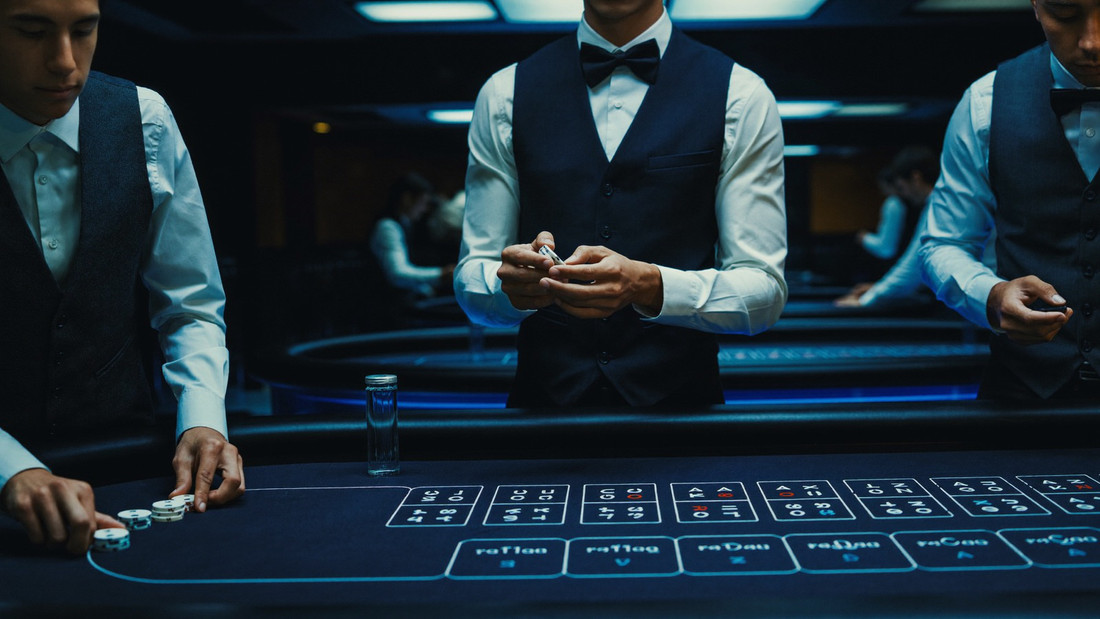 Row of live dealers standing at their stations in a broadcast studio